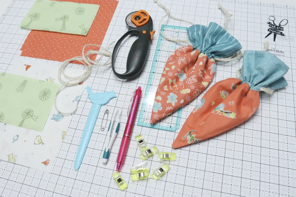 sewing supplies to make drawstring carrot bags for Easter