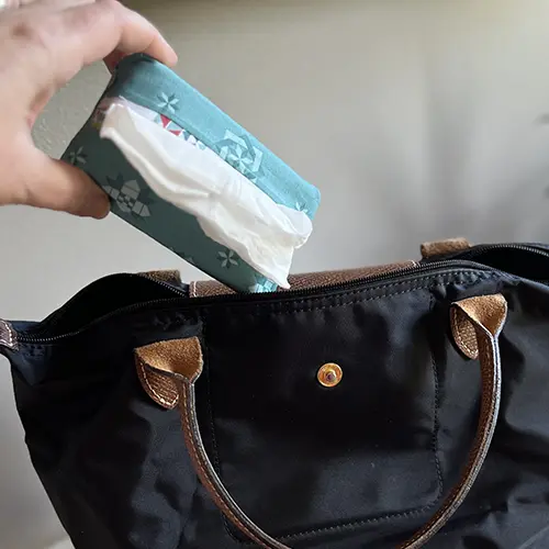 hand putting a travel tissue pack into a purse