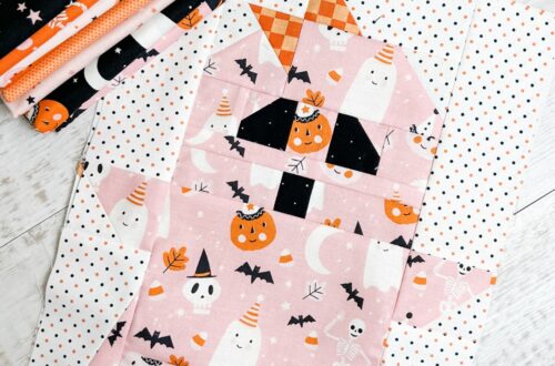 Patchwork ghost using the Hey Pumpkin fabric collection from Riley Blake Designs. Ghost pieced and photographed by Tamara Darragh for Remi Vail Studio.