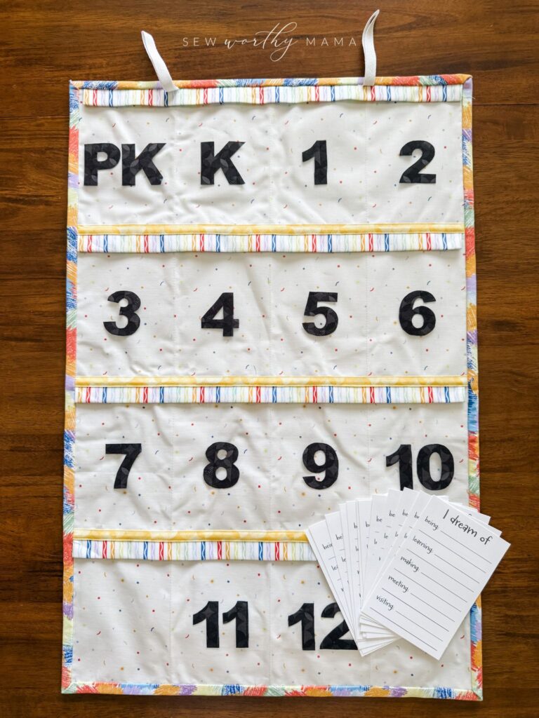 The back side of a Pockets Full of Dreams project showing the PK-12th grade labeled clear pockets meant to store a child's first-day-of-school photos each year along with Dream Cards. Wooden background. A stack of Dream Cards is fanned out on top of the project.