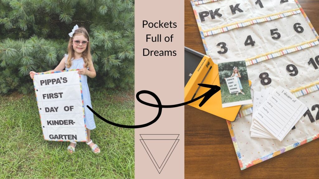 Child holding a first day of school photo prop that says "Pippa's First Day of Kindergarten" made using the Pockets Full of Dreams sewing pattern. Also shows the back side of the prop where pockets hold printed photos and Dream Cards.