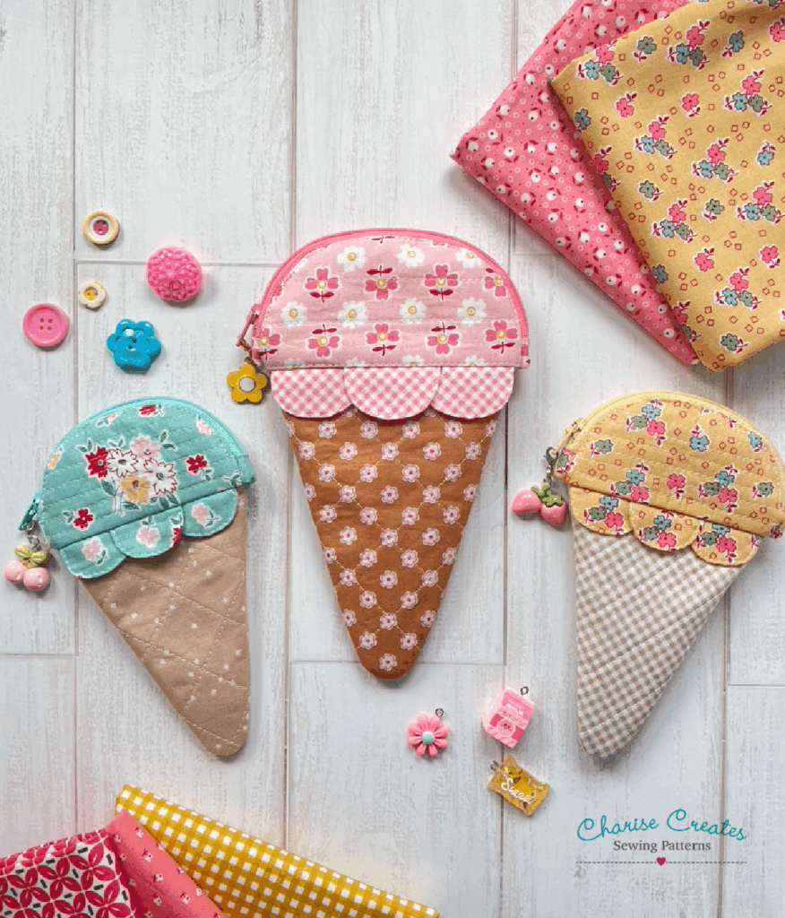 Ice Cream Cone Pouches made in Bee Basics Fabrics.