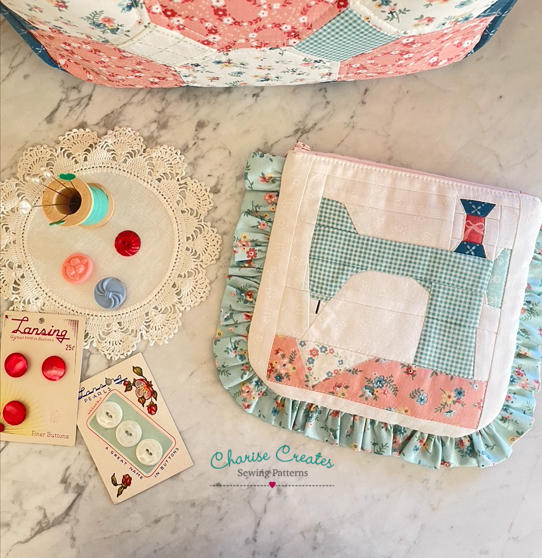 Ruffle Pouch with Vintage Sewing Machine.