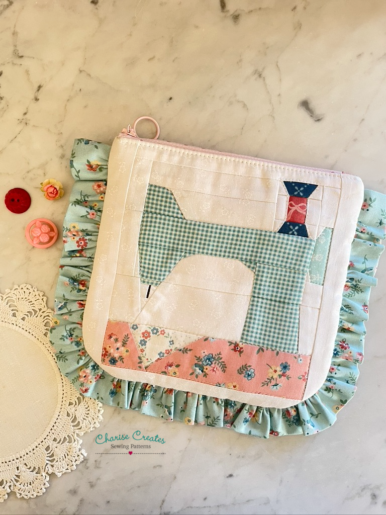 Ruffle Pouch with Vintage Sewing Machine.