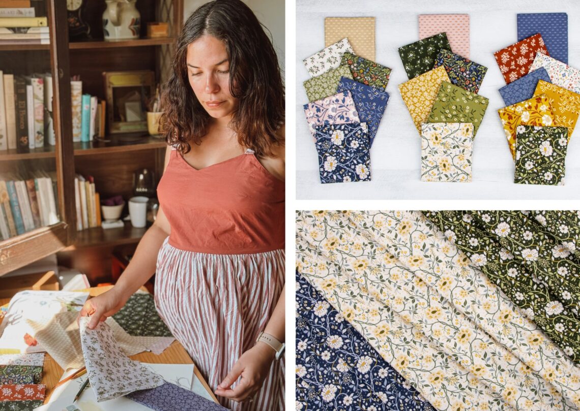 Danelys Sidron designing the Before the Bloom fabric collection for Riley Blake Designs, alongside watercolor artwork, fabric swatches, color palette studies, and floral quilt fabric inspiration in her studio.