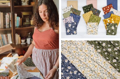 Danelys Sidron designing the Before the Bloom fabric collection for Riley Blake Designs, alongside watercolor artwork, fabric swatches, color palette studies, and floral quilt fabric inspiration in her studio.