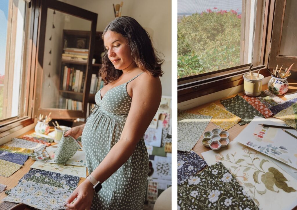 Danelys Sidron designing the Before the Bloom fabric collection for Riley Blake Designs, alongside watercolor artwork, fabric swatches, color palette studies, and floral quilt fabric inspiration in her studio.