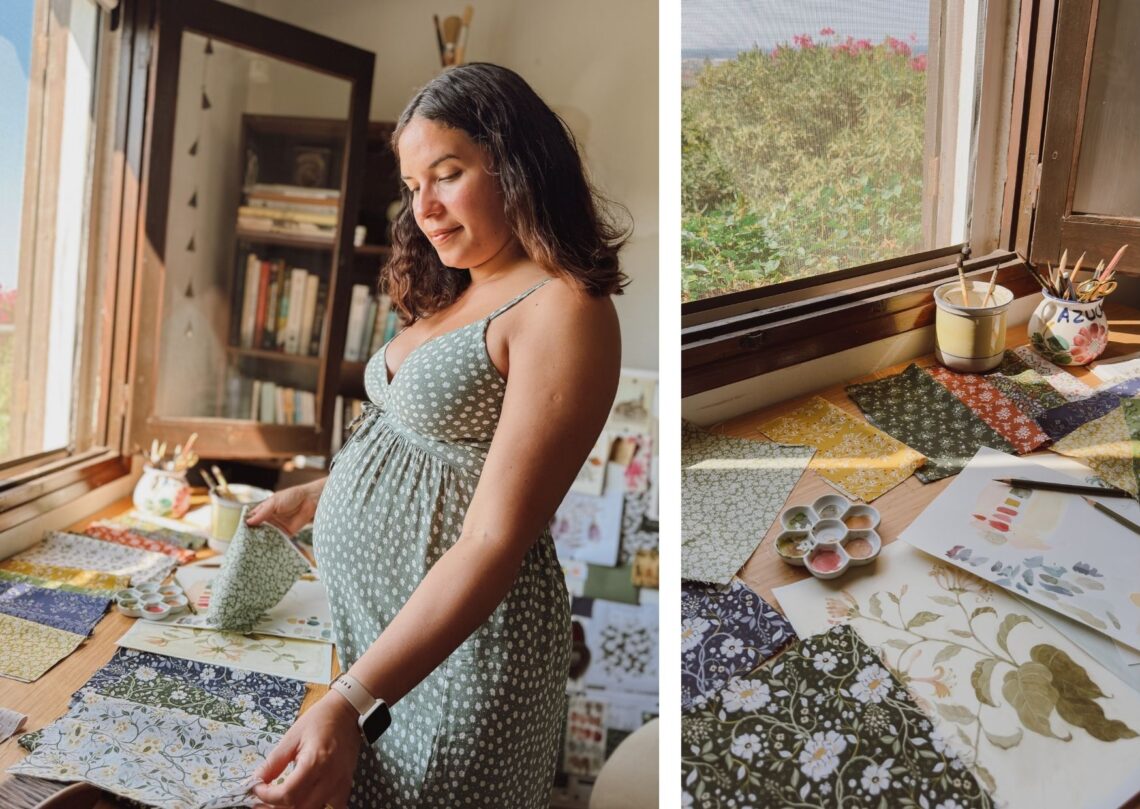 Danelys Sidron reviewing Before the Bloom fabric swatches and original watercolor artwork in her studio for Riley Blake Designs.