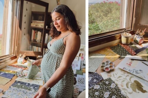 Danelys Sidron reviewing Before the Bloom fabric swatches and original watercolor artwork in her studio for Riley Blake Designs.