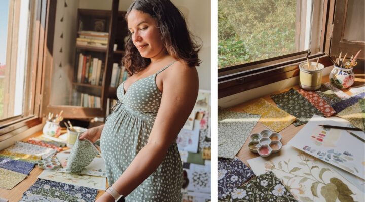 Danelys Sidron reviewing Before the Bloom fabric swatches and original watercolor artwork in her studio for Riley Blake Designs.