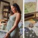 Danelys Sidron reviewing Before the Bloom fabric swatches and original watercolor artwork in her studio for Riley Blake Designs.