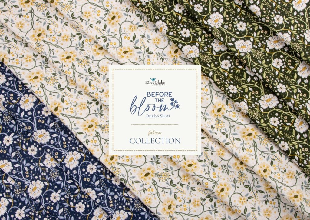Collage of Danelys Sidron reviewing Before the Bloom fabric swatches, floral prints, and coordinating colorways in her studio.