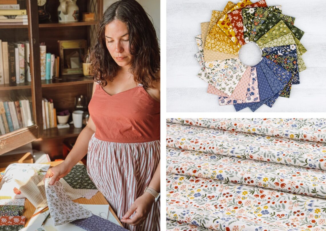 Danelys Sidron reviewing Before the Bloom fabric swatches beside coordinating floral prints from the Riley Blake Designs collection.