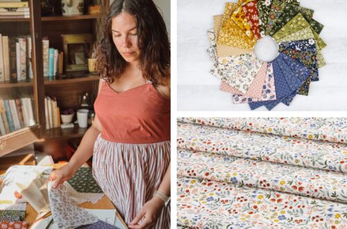 Danelys Sidron reviewing Before the Bloom fabric swatches beside coordinating floral prints from the Riley Blake Designs collection.
