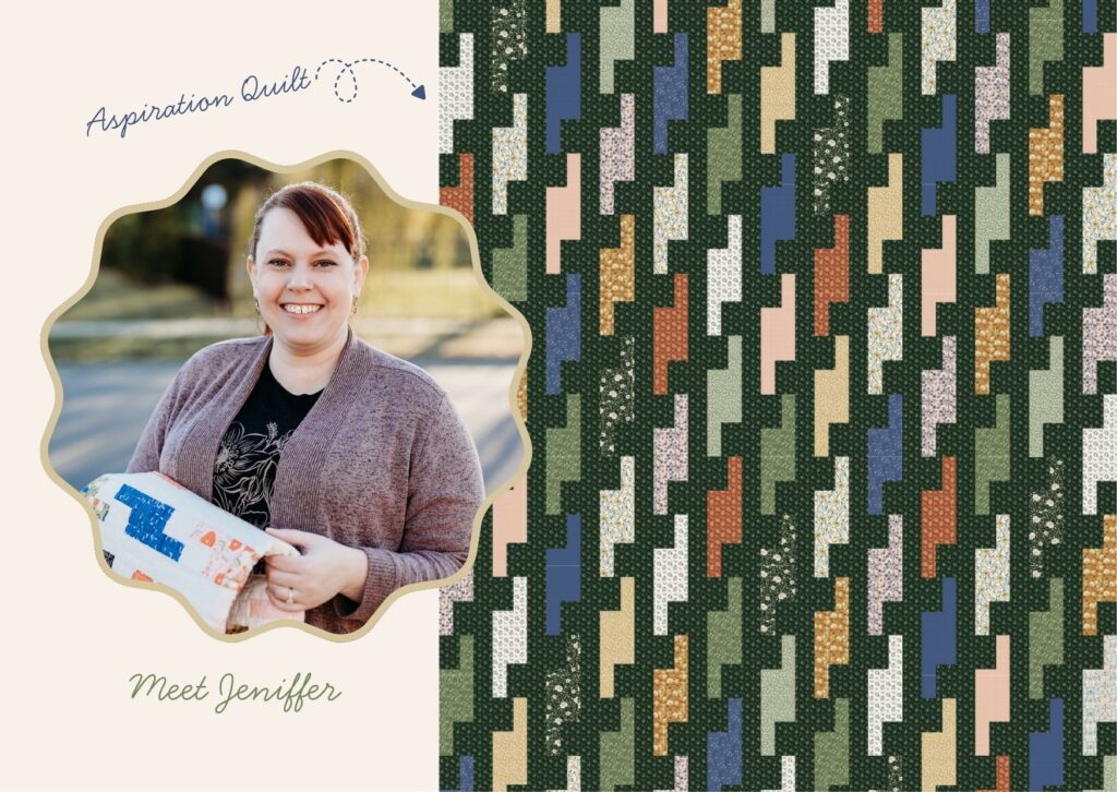 Jennifer Walters of Manderley Makes with the Aspiration quilt mockup created using Before the Bloom fabrics by Riley Blake Designs.