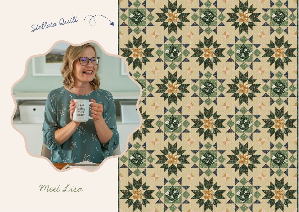 Stellata quilt block sewn by Lisa Donnelly using green, navy, cream, and gold fabrics from the Before the Bloom collection.