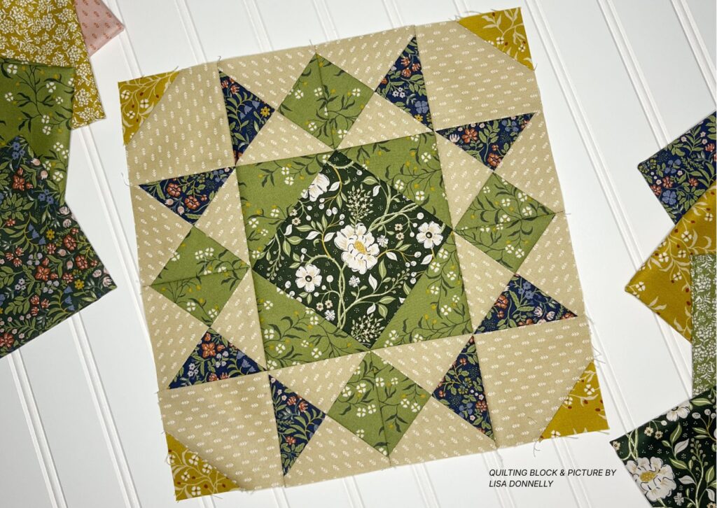 Lisa Donnelly of Wild Plum Lane with the Stellata quilt pattern shown in Before the Bloom fabrics by Riley Blake Designs.